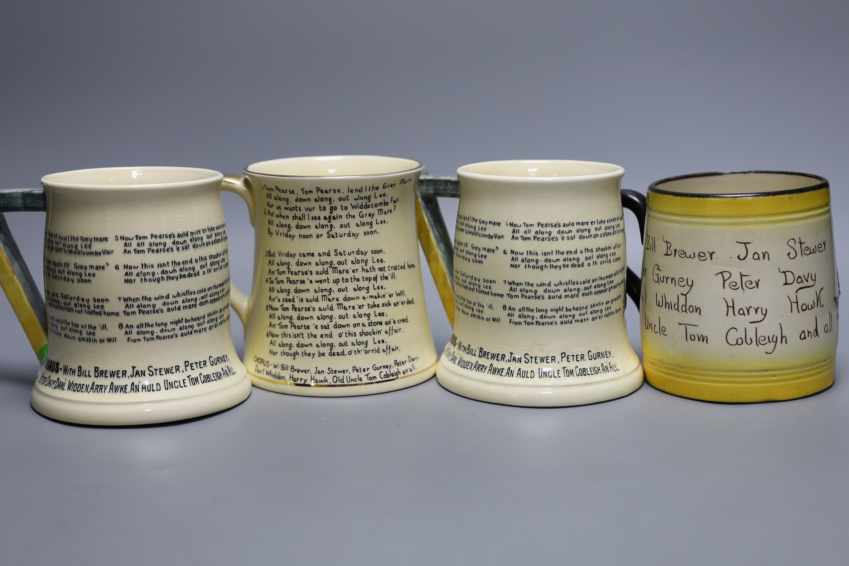 Four early 20th century Widdicombe Fair musical tankards, 11.5 cms high